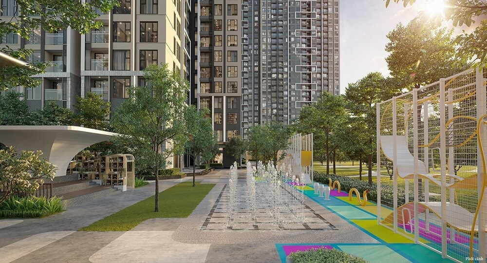 Thác nước tiểu cảnh và khu vui chơi cho trẻ em